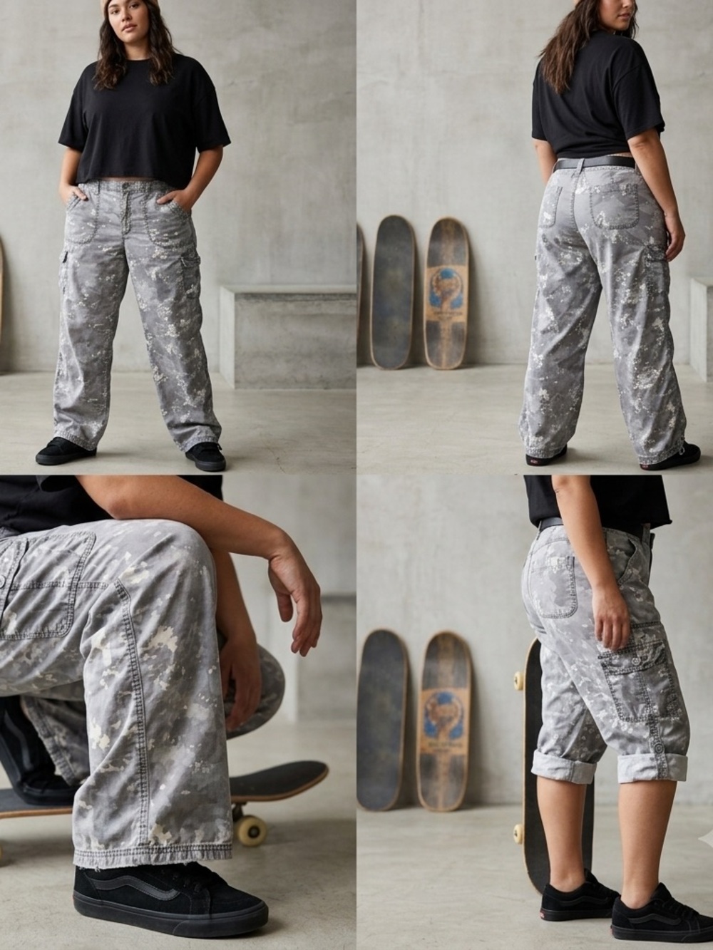 Sz 16 Gray Camo Cargo Pants Convertible Soft Lightweight 37x30 Y2K Baggy Style